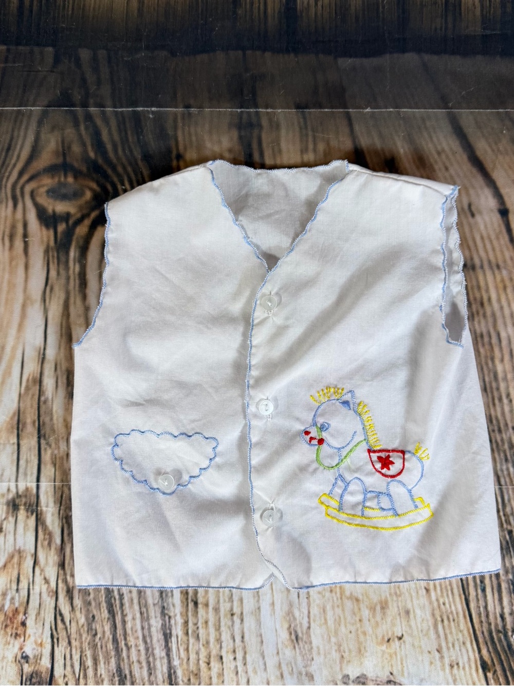Vintage Baby Vest White Cotton Embroidered Rocking Horse Button Front Handmade